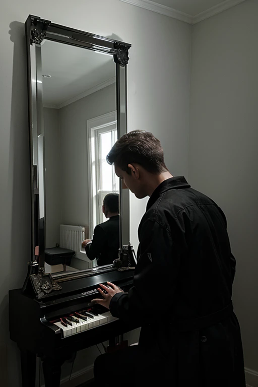 a man looking at a piano mirror, the reflection is a shadow with red eyes, black and white image

