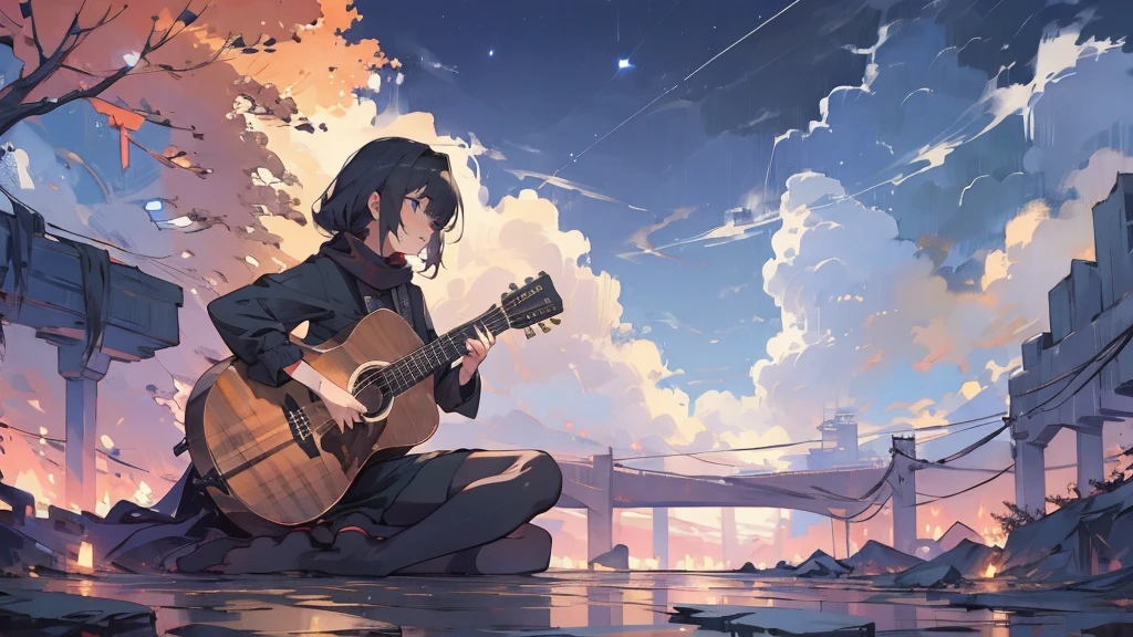 masterpiece,night,(dark alley),star、Night evening Sky、milky way、octone、
(1. Female), (solo), Knee hugging sitting,acousticguitar