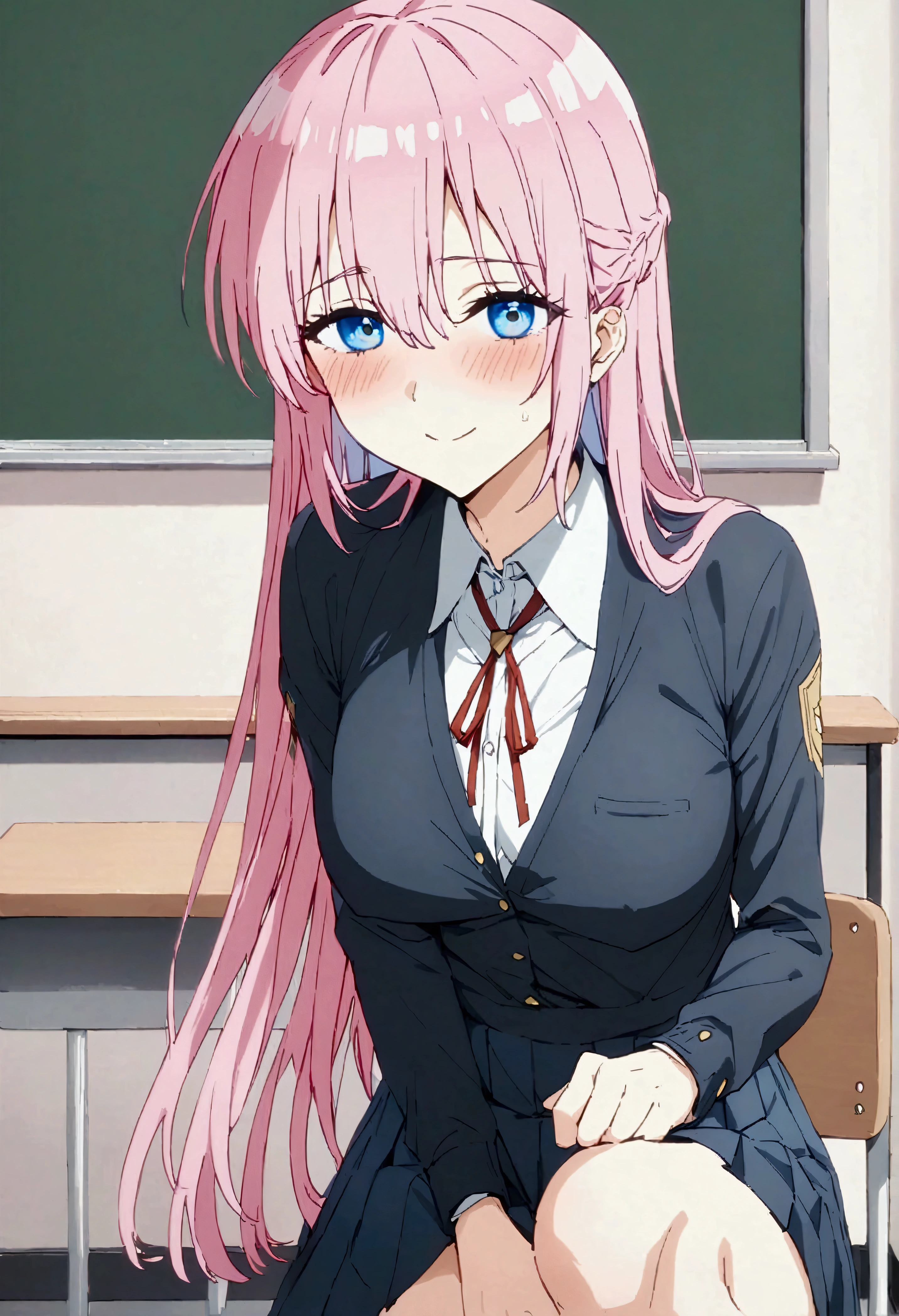 NSFW,masterpiece,Highest quality,High resolution,Very detailed,Shikimori-san\(可愛いだけじゃないShikimori-san\),Pink Hair、Long Hair、blue eyes、Hair between the eyes、bangs,smile,blush,uniform,Dress shirt,Pleated skirt,School,classroom,machine,Chair,blackboard