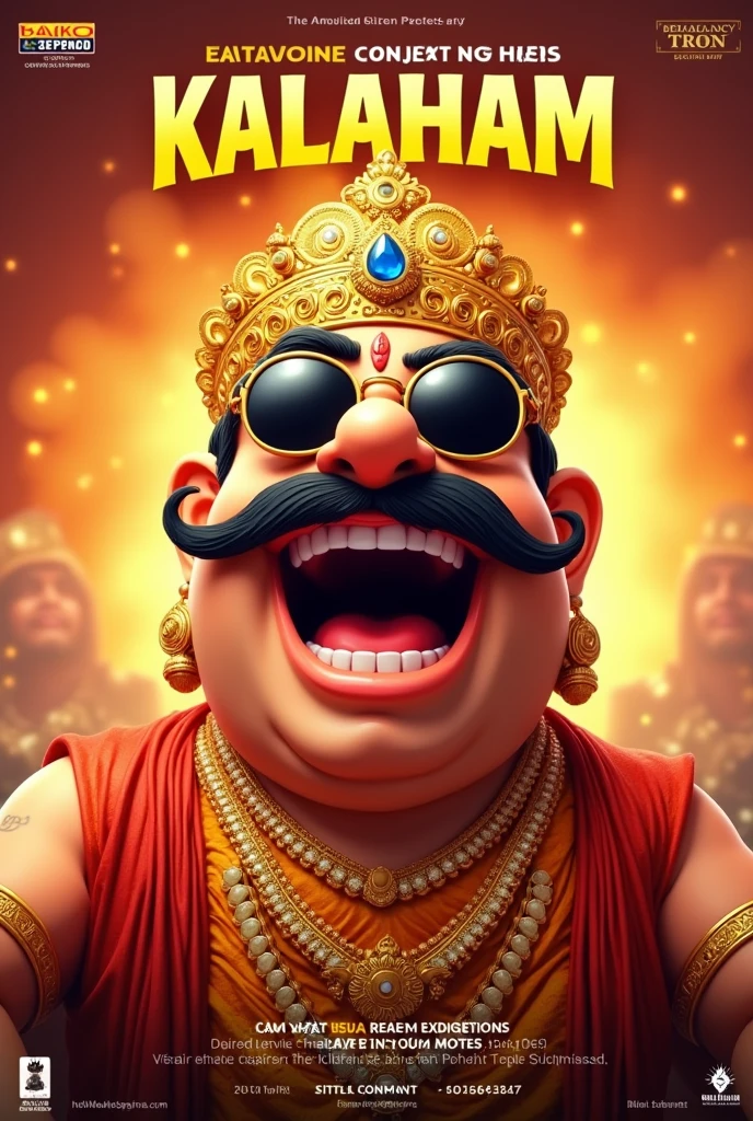 A vibrant and dynamic poster for an event titled "KALAHAM". The central figure is a joyful, larger-than-life character dressed in traditional attire with a royal golden crown adorned with a large gemstone. The character has a thick, curled mustache and is wearing black round sunglasses. He has an exaggerated expression of laughter, with his mouth wide open, showing a sense of excitement and celebration. The character is also adorned with heavy golden jewelry, including necklaces and earrings. The background is fiery and glowing with shades of orange, red, and gold, creating a festive and energetic atmosphere.The overall style is bold, colorful, and celebratory, with a mix of traditional and modern elements.
Size: 1024x1792.