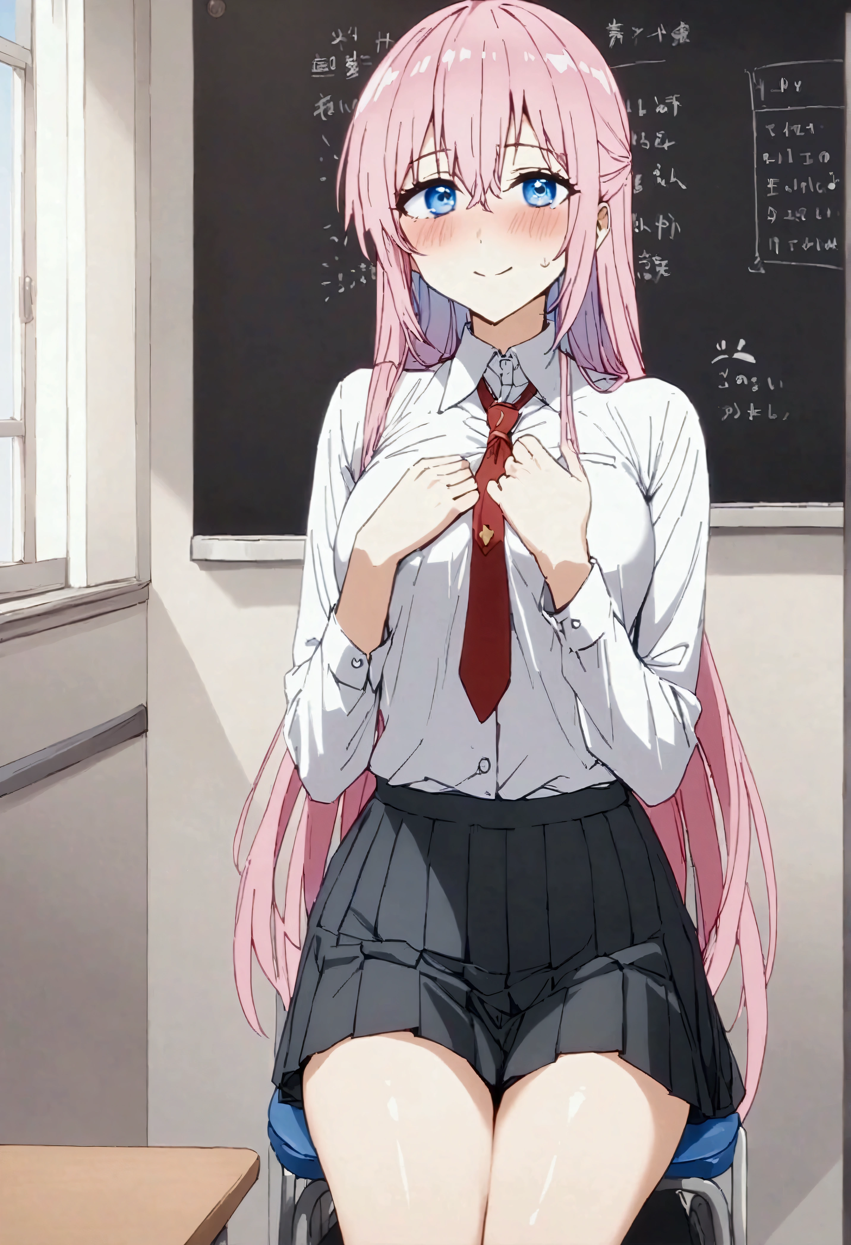 NSFW,masterpiece,Highest quality,High resolution,Very detailed,Shikimori-san\(可愛いだけじゃないShikimori-san\),Pink Hair、Long Hair、blue eyes、Hair between the eyes、bangs,smile,blush,uniform,Dress shirt,Pleated skirt,School,classroom,machine,Chair,blackboard