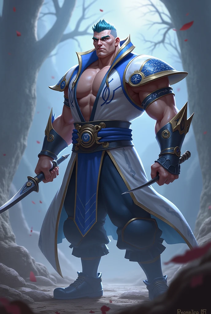Generate Gusion from mobile legends bang bang games. Holding dagger in right hand.
Body size: mesomorph 
Outfit: White and blue with clear and not hidden print "smokers".
Background realistic 