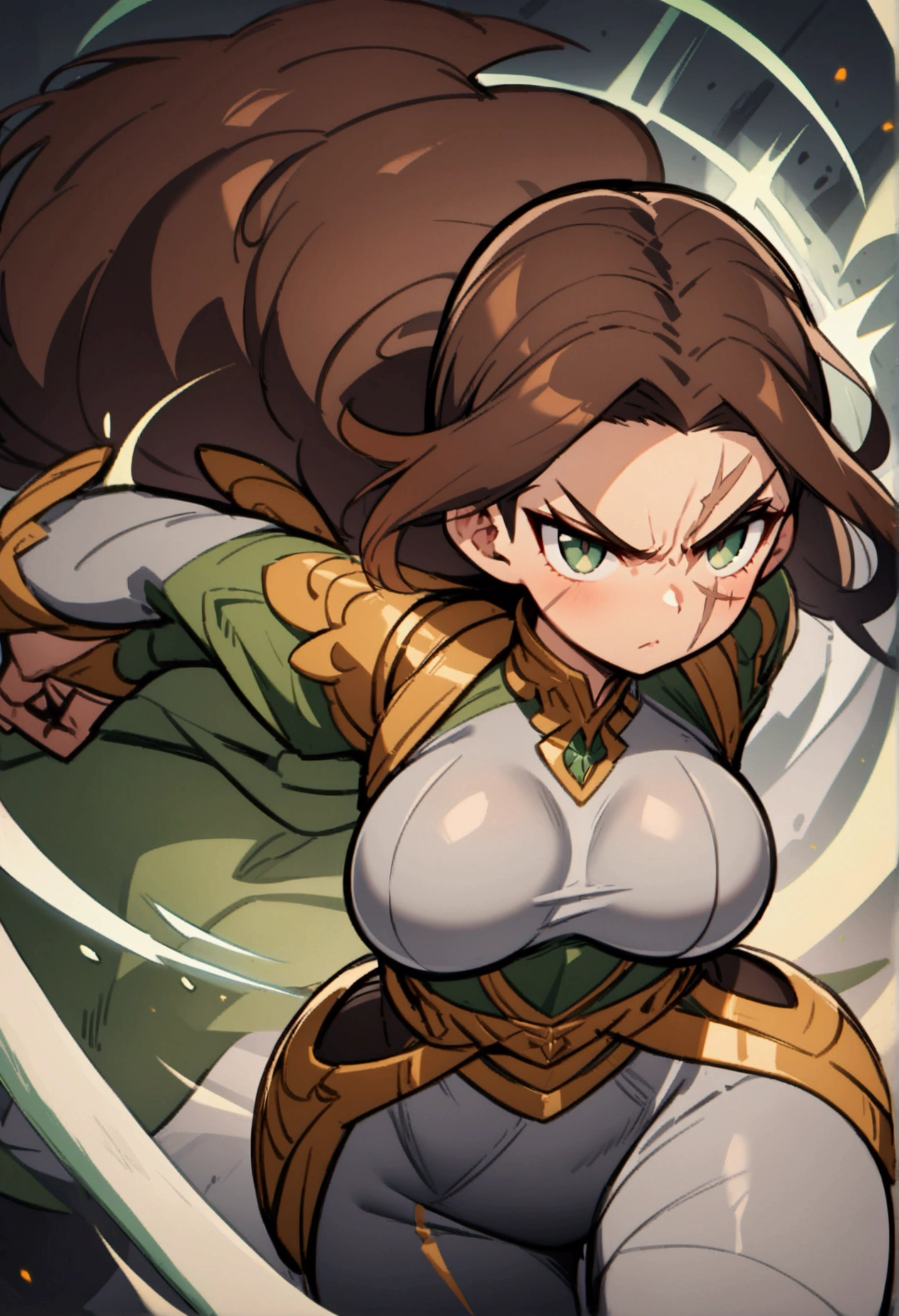 green-gray eyes, short brown hair, Serious, medium size breasts large hips, scar on the eye