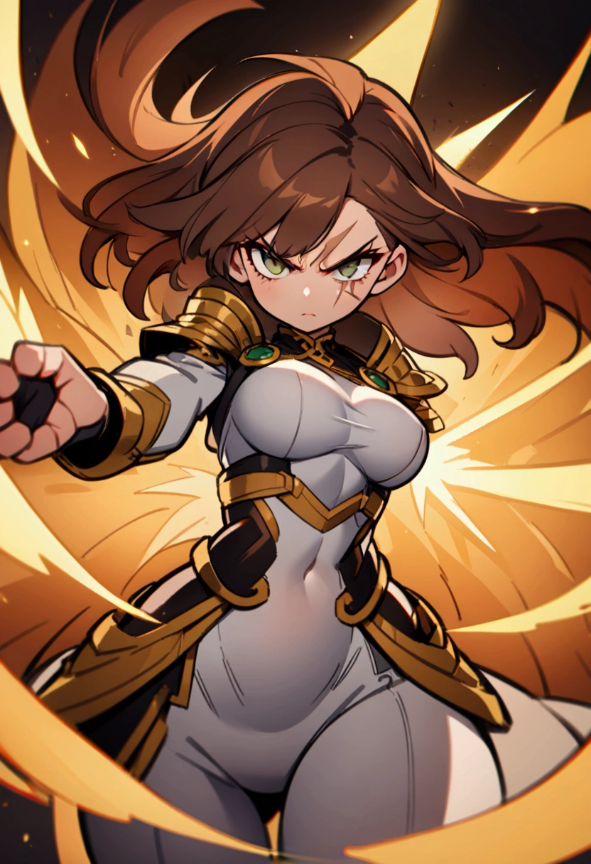green-gray eyes, short brown hair, Serious, medium size breasts large hips, scar on the eye