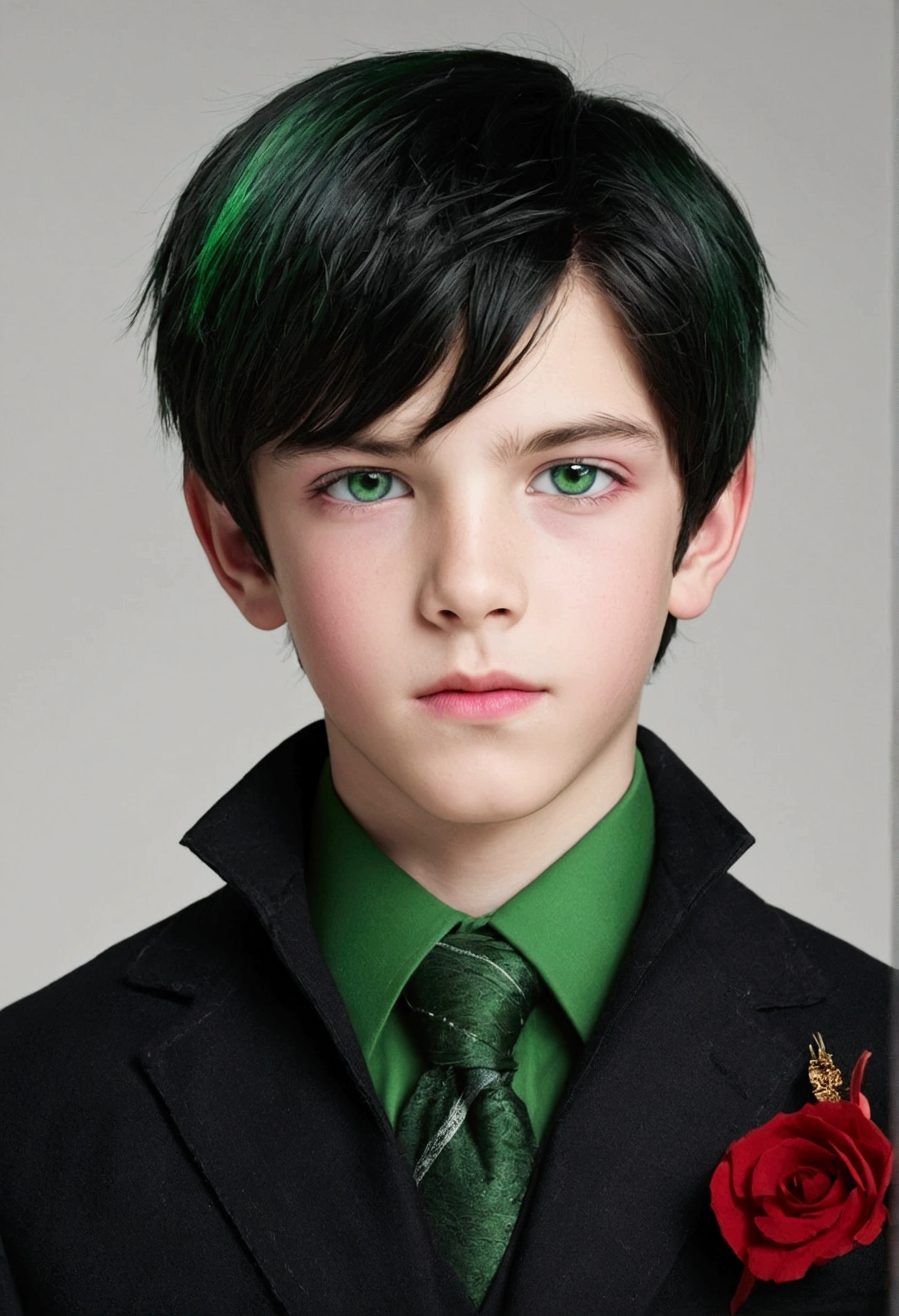 Handsome boy ((1 1 ) blood-red skin 1.1(( skin white as snow)) black hair with green highlights 1.4((, green eyes 1.2)) beautiful face (( teenager )), pink mouth, masterpiece (( Cute white natural boy!..