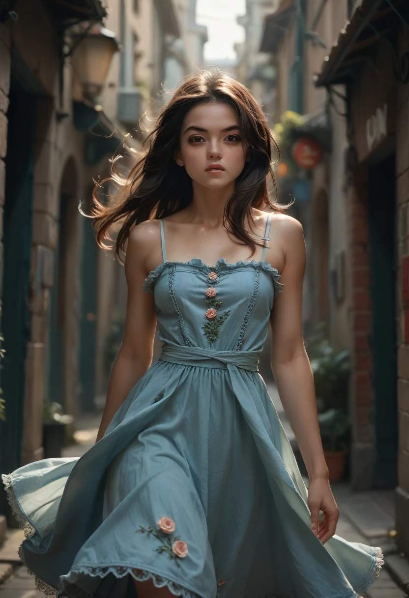 masterpiece, Best quality, 1 girl, Brunette Hair, bare shoulders, long hair, dress, denim shot, dynamic pose, Dynamic angle,