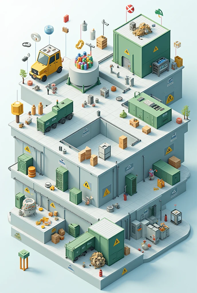 create a 3d diagram of recycled garbage process 