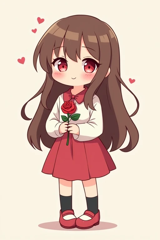 A cute anime girl with long brown hair, red eyes, wearing a simple white dress shirt with a red handkerchief-shaped ribbon, a simple red skirt, black socks, and red shoes with white areas is smiling gently and holding a single red rose in both arms, this is a deformed illustration with a thick outline.