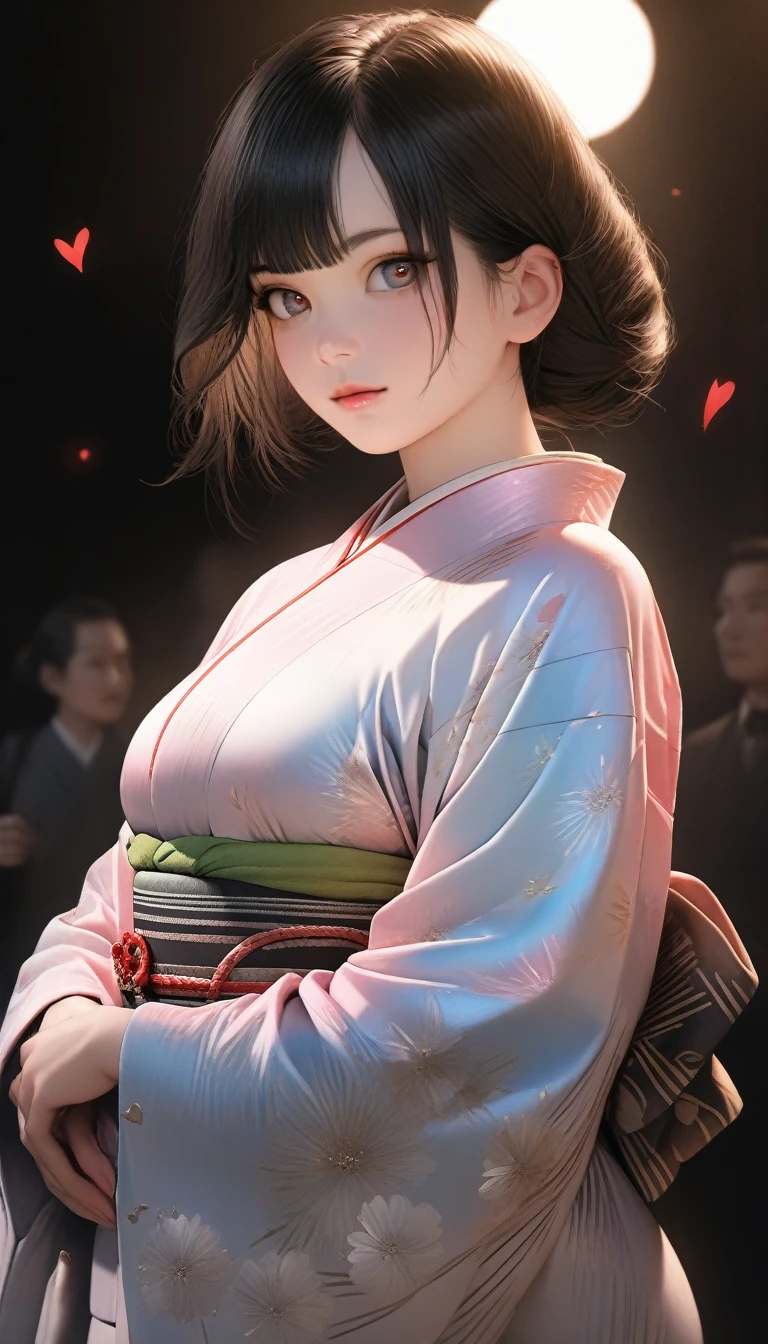 ((Highest quality, 8k, masterpiece: 1.3)), Sharp focus: 1.2, (Super beautiful face: 1.0), (Glowing Skin: 1.0), Realistic photos, Black Hair, Realistic students, Cinema Lighting, Highly detailed eyes and face, Cinema Lighting, (Cowboy Shot: 1.0), (kimono, In the same way, heart: 1.15), (Cute Korean Actresses), Originally, classic kimono,