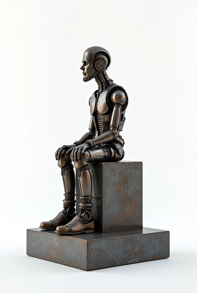 A metal scrap men sculpture sitting on metal ingots with white background