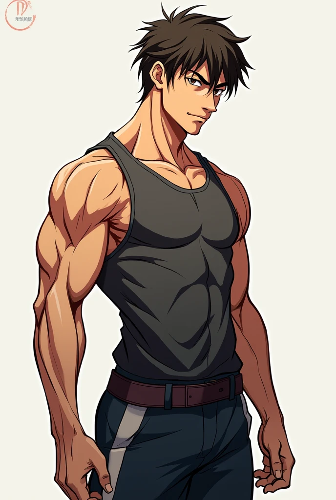 Draw my character, but make it very similar to Itadori It has 1,85..is muscular, but more athletic and agile, with a physical build that balances strength and speed. Gabriel has a well defined body, but with less bulky and more functional muscles, similar to Yuji Itadori&#39;s. Your muscles are visible and defined, reflecting his intense training and martial arts skills...dark  brown hair, short and slightly disheveled..light brown eyes and prefers sportswear, like t-shirts and sweatpants, when not in competition or training. During competitions, wears athletic and martial arts uniforms that are tailored to his physique..he has some minor scars, traces of his experience in combat with that occultist.

Make it anime style and similar..VERY similar to Yuji Itadori from Jujutsu Kaisen.
