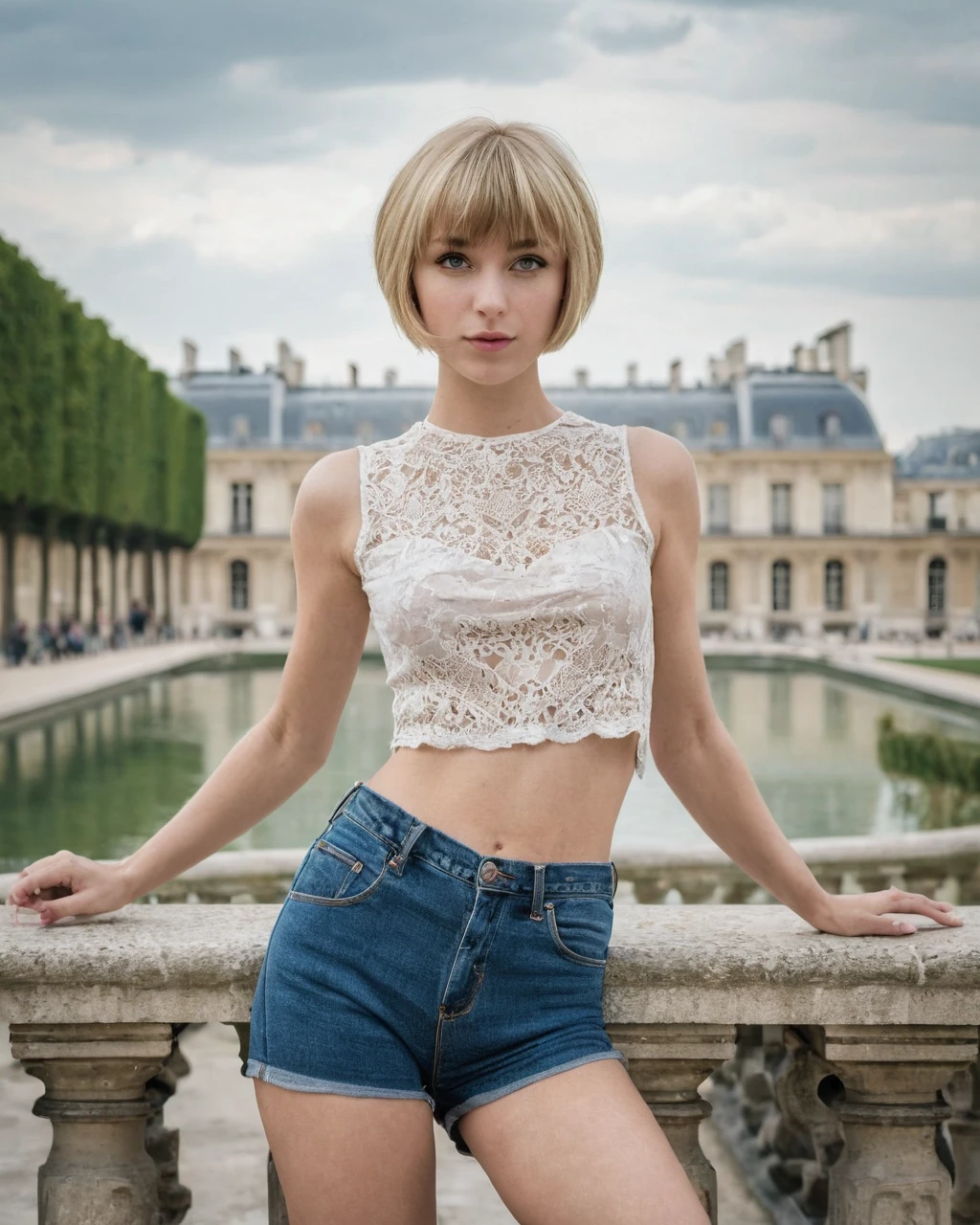 young girl, very beautiful, blonde short hair and bangs, goddess body,  in a top and very short jeans, posing in various positions, Paris Versailles background, photographic quality, masterpiece. 
