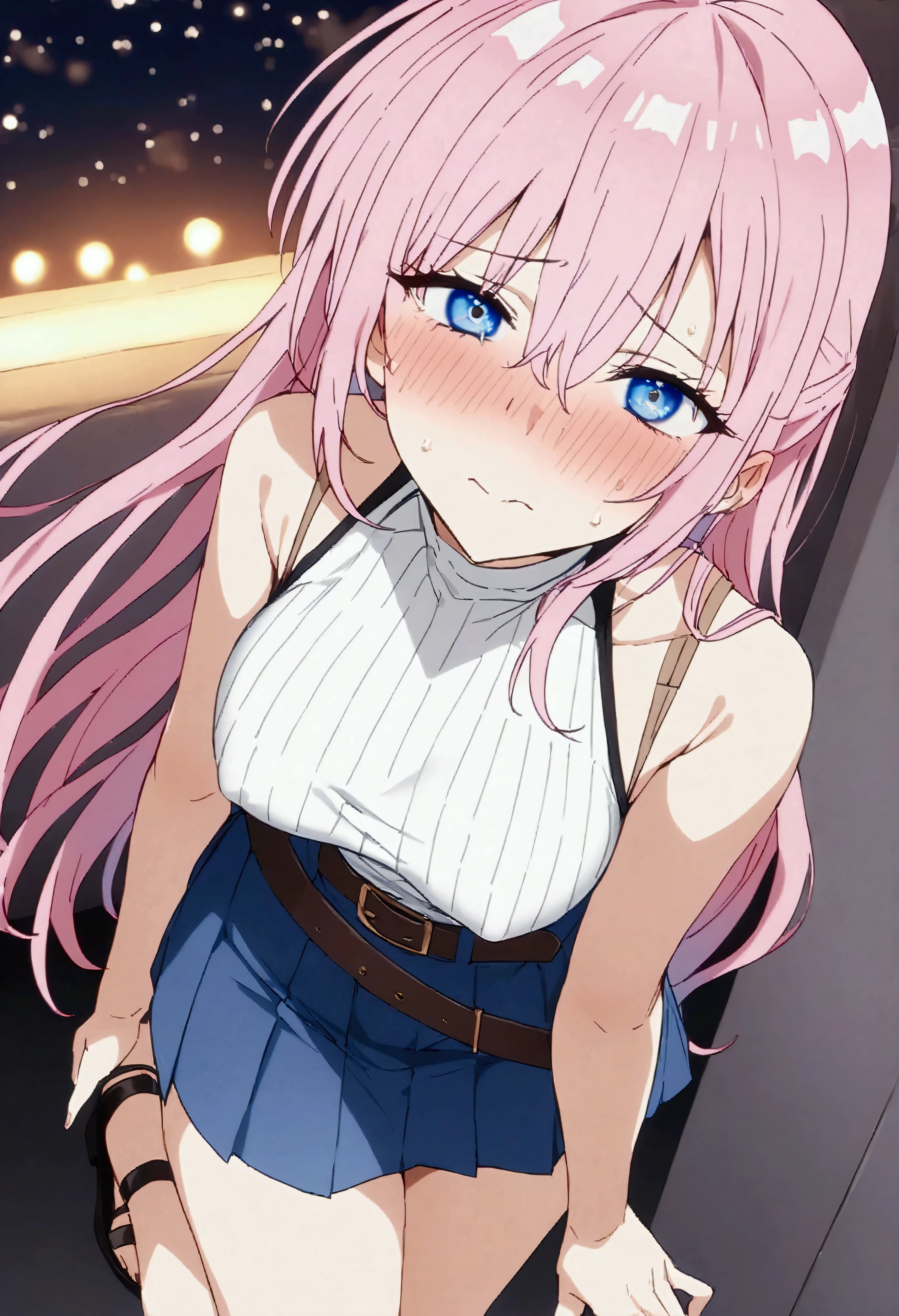 NSFW,masterpiece,Highest quality,High resolution,Very detailed,Shikimori-san\(可愛いだけじゃないShikimori-san\),Pink Hair、Long Hair、blue eyes、Hair between the eyes、bangs,Embarrassed,blush,Knit tops,Sleeveless,skirt,belt,Heeled Sandals,Nightlife