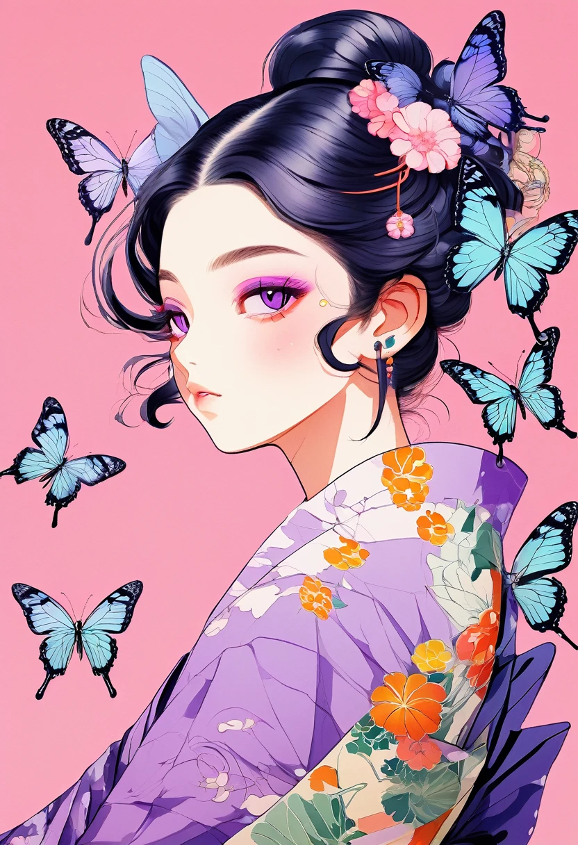 A mesmerizing surreal illustration of Shinobu Kouchou from Kimetsu No Yaiba. She has black hair, purple eyes, a butterfly hair ornament, and wears a vibrant pastel colored bikini. Freckles dot her smooth, warm complexion, and bold, colorful tattoos cover her arms and legs. The tattoos feature traditional Japanese motifs like flowers and mythical creatures, rendered with meticulous detail in a pastel color palette. The background is a vintage floral-patterned wallpaper that complements the artwork's colors. The line work is precise, with delicate shading that gives the illustration a 3D quality. The artwork fuses modern illustration techniques with traditional Japanese aesthetics, resulting in a visually striking, portrait,
