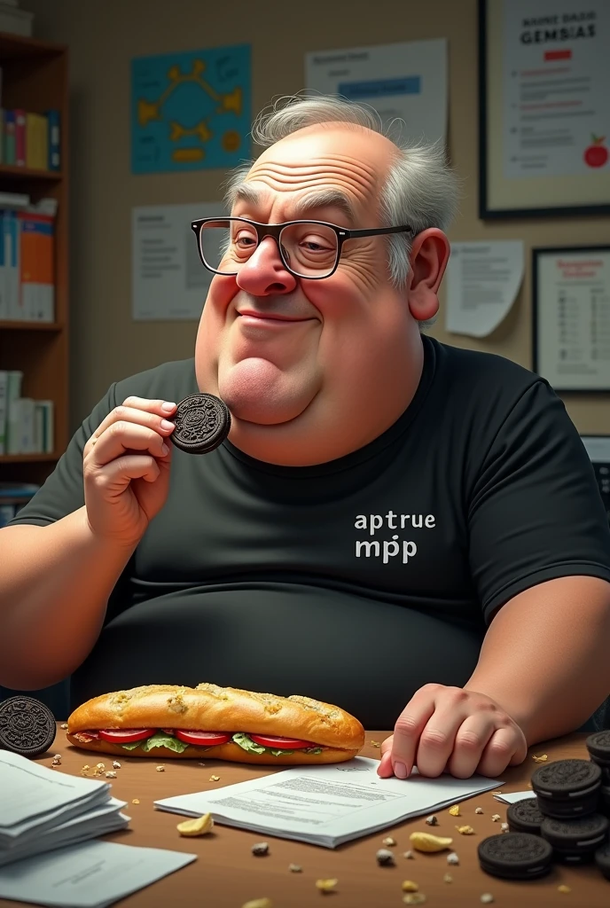 white male, aged 50, baldie, fatter, very pot-bellied, cheeky, wrinkled face, wearing glasses, eating baguette with ham, with Oreo cookies on a table, piles of papers and crumbs on a messy desk. Wearing a black shirt with writing (AP.TRUE MPF)