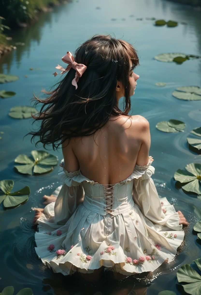 nsfv,((masterpiece)),(((Best quality))),((ultra detailed)),((((realistic)))),((wild hair)),((frill)),(1 girl),(One),sex from behind, (((rear focus))),,pomade,Dynamic angle,Large sleeves,floating,beautiful detailed sky,on beautiful detailed water,beautiful detailed eyes,overexposure,(ear),inexpressive,side blunt bangs,hair between eyes,ribbons,bow ties,buttons,bare shoulders,(((Small breasts))),Wet clothing in detail,blank stare,pleated skirt,flowers
