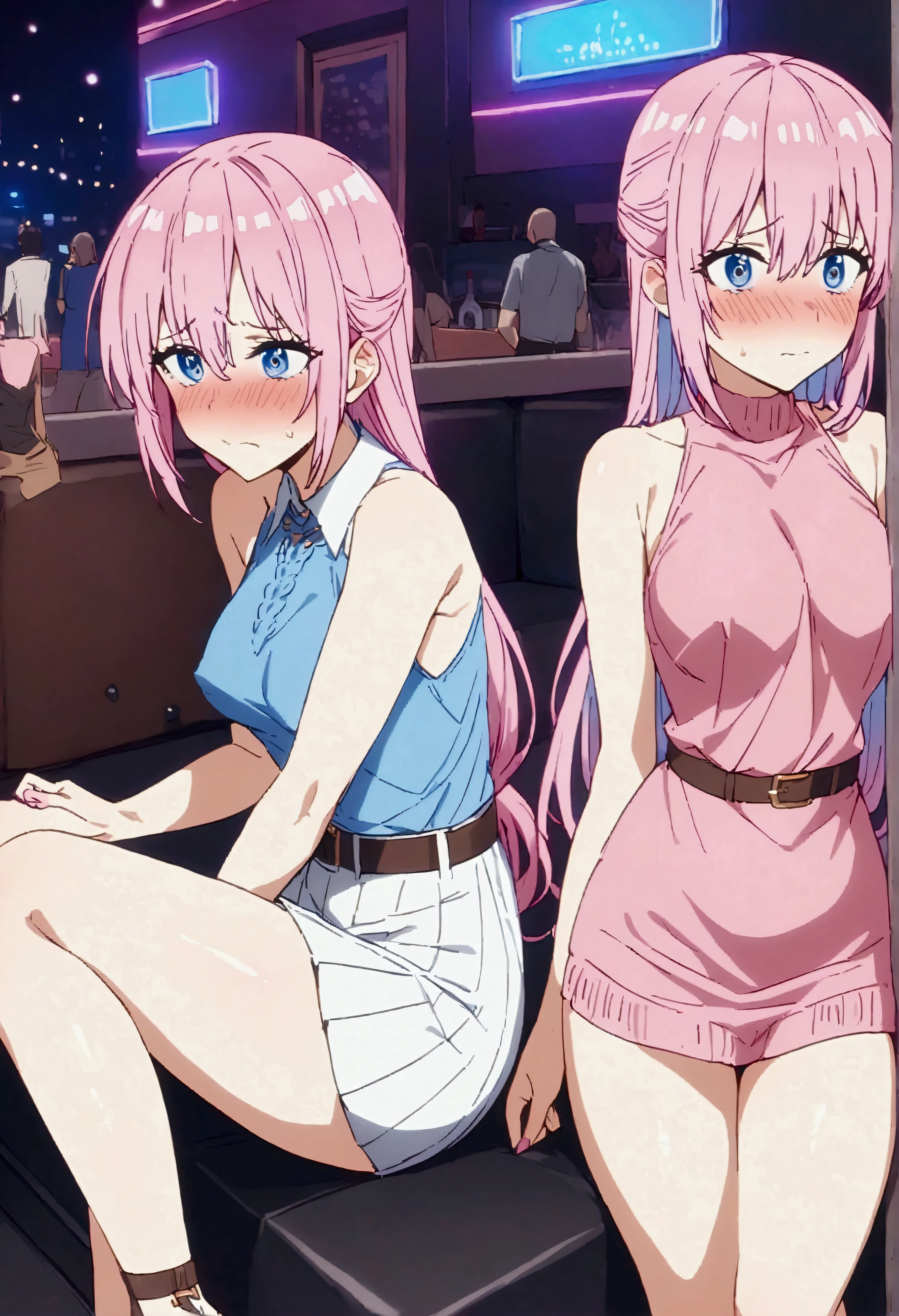 NSFW,masterpiece,Highest quality,High resolution,Very detailed,Shikimori-san\(可愛いだけじゃないShikimori-san\),Pink Hair、Long Hair、blue eyes、Hair between the eyes、bangs,Embarrassed,blush,Knit tops,Sleeveless,skirt,belt,Heeled Sandals,Nightlife