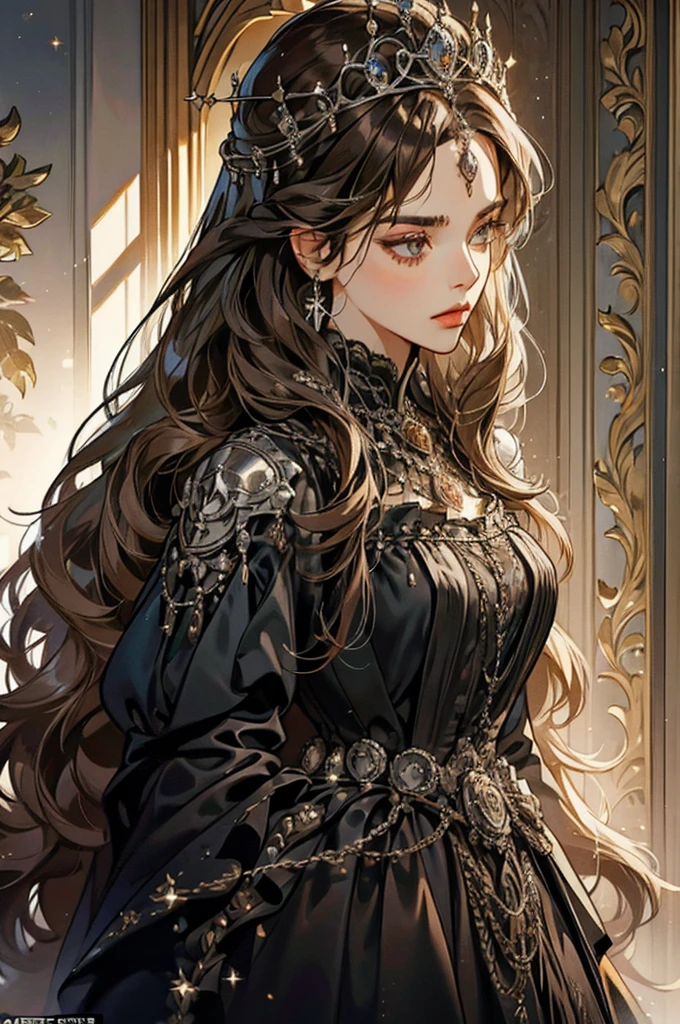 Create a frontal and highly detailed and dramatic portrait of a young woman. She has grey glowing eyes, brown hair and is in a dimly lit, elegant room that exudes a sense of power and foreboding. She is dressed in a flowing black gown that reaches the floor, adorned with silver details. She wears a black breastplate that covers her chest, giving her a regal yet armored appearance. Her long hair is styled in a way that complements her queenly attire, and she is adorned with silver jewelry, including a glowy crown that sits majestically on her head. Her expression is serious and authoritative, with a hint of melancholy. The overall atmosphere should be dark, intense, and gothic, emphasizing Naomi's role as a queen who bears the weight of her past and the power she now holds.
