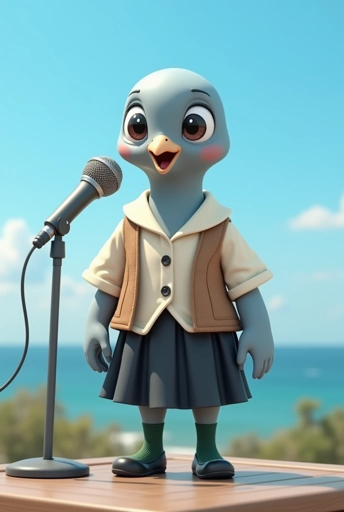 ((Highest quality)), ((masterpiece)), (photograph:1.6), (front), photorealistic, portrait, Sing with a microphone。
Big cute eyes, human expression。A small grey female pigeon with a head slightly larger than its body。
Off-white short-sleeved collared shirt with a light brown vest that was closed at the front、A knee-length black skirt with dark green socks and black shoes、Clear blue sky and ocean views。
