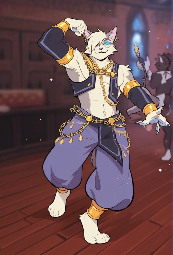 Entertainer Cat, fantasy look, full length, catboy, furry, whip in hand, wearing chains, wearing moon shaped gold sunglassed with light blue lenses