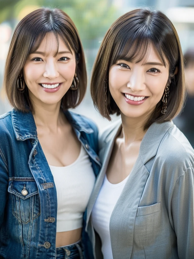 ((Highest quality)), ((8k)), ((masterpiece: 1.3)), (Perfect appearance), (Photorealism: 1.6), (2. Japanese women), (Two Japanese women walking side by side: 1.4), (2. Japanese women aged 60 and 37), Laugh with the corners of your mouth turned up, Short Hairstyles, (whole body: 1.6), Low - Angle