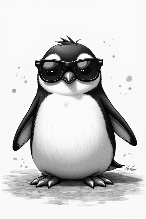  Monochrome, Pencil drawing, self-portrait, cute,penguin,sunglasses,shading, Shadow, Contrast, Conceptual installation art,Iris Effect, artistic, Hyper, (anime, manga, comics, figure)-style