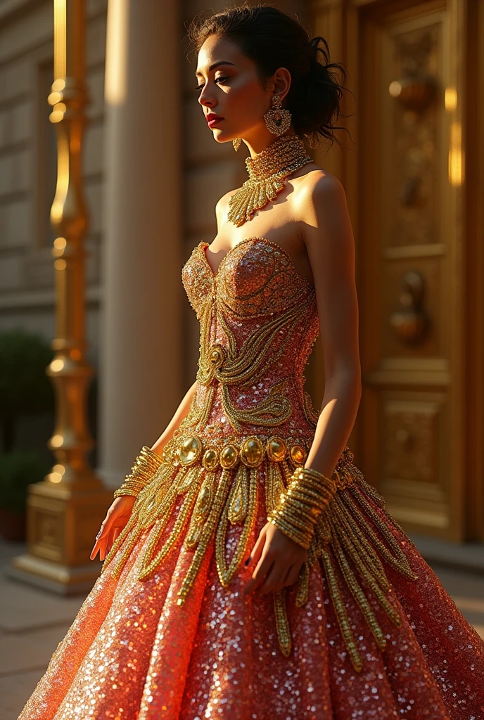 A dress with gold-plated accessories, gaudy sequins, and a design that overshadows more subtle styles.