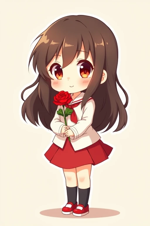 A cute anime girl with long brown hair, red eyes, wearing a simple white dress shirt with a red handkerchief-shaped ribbon, a simple red skirt, black socks, and red shoes with white areas is smiling gently and holding a single red rose in both arms, this is a deformed illustration with a thick outline.