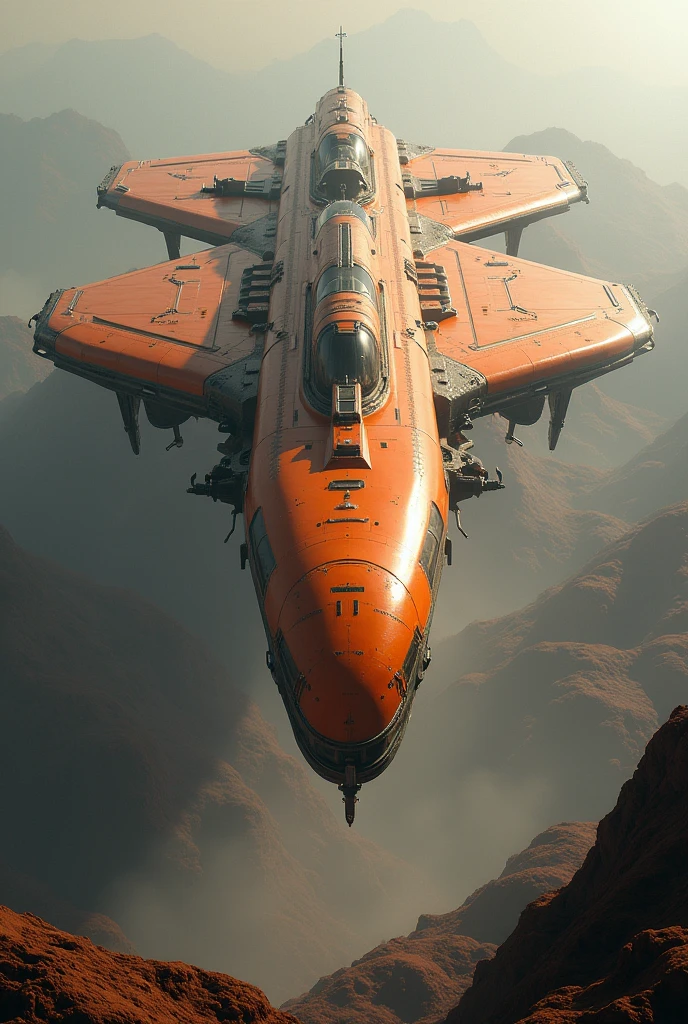 A huge transport spaceship, which is orange in color and has huge wings