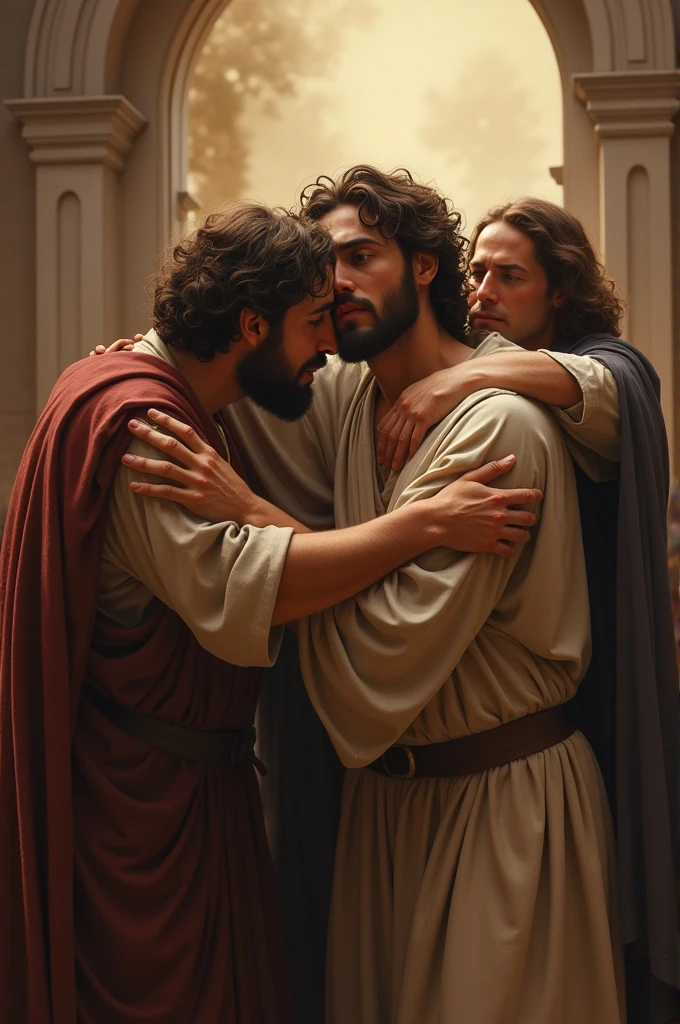 Paul&#39;s disciples embrace the young man and comfort him with joy