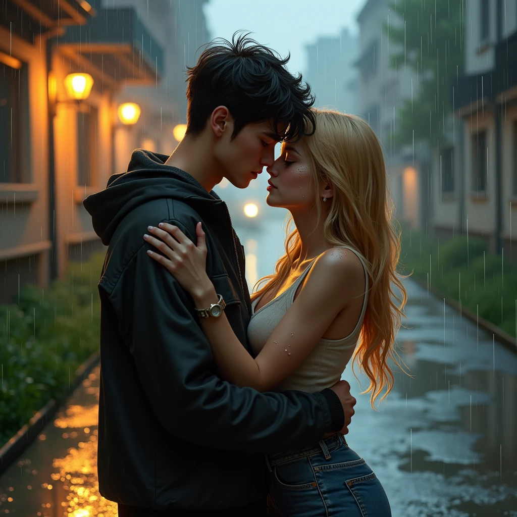 A  couple hug each other, rain, drops, roads, street lights, grass on road, light water on road, drops of rain. High Resolution, Masterpiece, Accurate, Detail, Textured Skin, UHD, Breasts, Long Hair, Short Hair, Blonde Hair, Black Hair, 