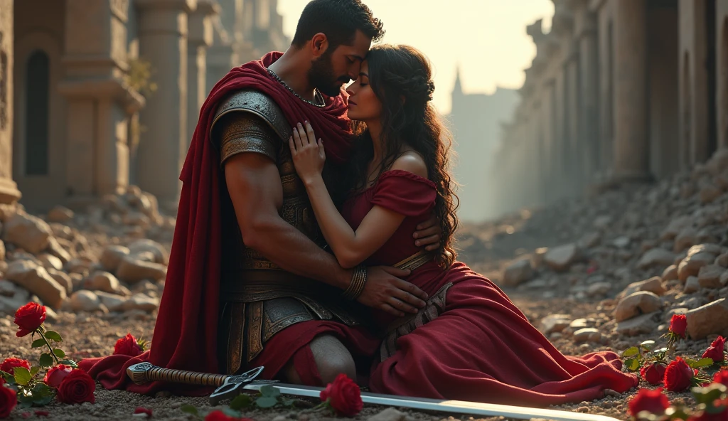 a roman soldier kissing his wife in a destroyed city, roses on the floor, flowers on the ground, roman sword on the floor, fire around, (best quality,4k,8k,highres,masterpiece:1.2),ultra-detailed,(realistic,photorealistic,photo-realistic:1.37),cinematic lighting,dramatic lighting,vibrant colors,intricate details,highly detailed