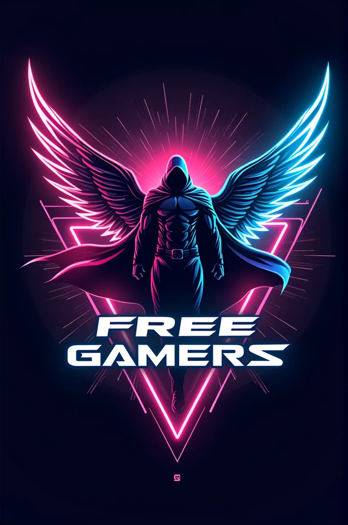 Create a logo where a man in a half-body cape with wings lies in his expected, In front a phrase that says “FREE GAMERS” all with a neon theme 