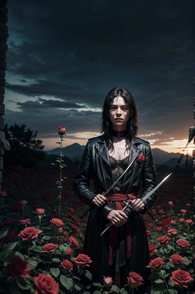 rock album cover with swords and roses