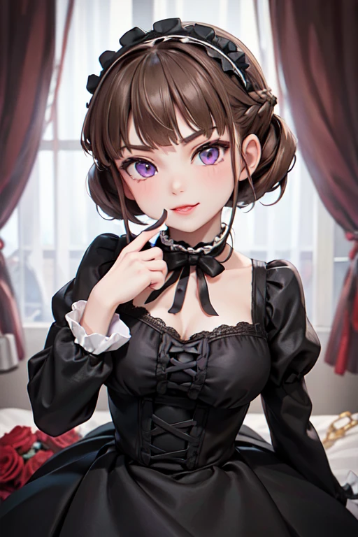 nice with you, short hair, braided hair, brown hair, violet eyes, woman, solo, Gothic & Lolita Fashion, Lolita Fashion, head band, Cowboy Shot