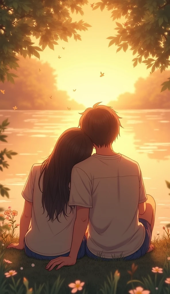 Create a warm, heartwarming scene where two people are sitting close together, possibly in a garden or by a lakeside during sunset. They are sharing a moment of peace and contentment, with one person resting their head on the other's shoulder. The scene should be serene, with gentle colors and a soft breeze rustling through the leaves