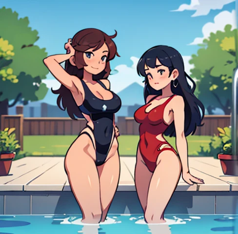 Two sexy girls in sexy swimsuit in the pool full body with full hair doing sexy poses