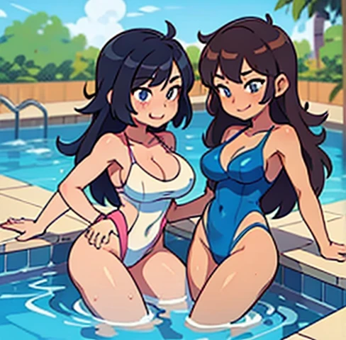 Two sexy girls in sexy swimsuit in the pool full body with full hair doing sexy poses