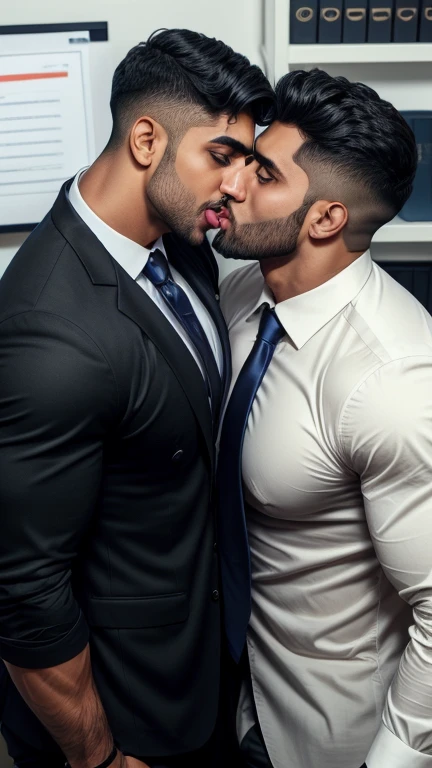 Business man Indian Gurjar gay couple wetty mouth to mouth tounge to tounge kissing and sucking lower lip, bitting lower lip during kissing saliva dripping from mouth with big shinning eyes big lips wide jawline beautiful hunk face spiky black hairstyle, seductive kissing in office