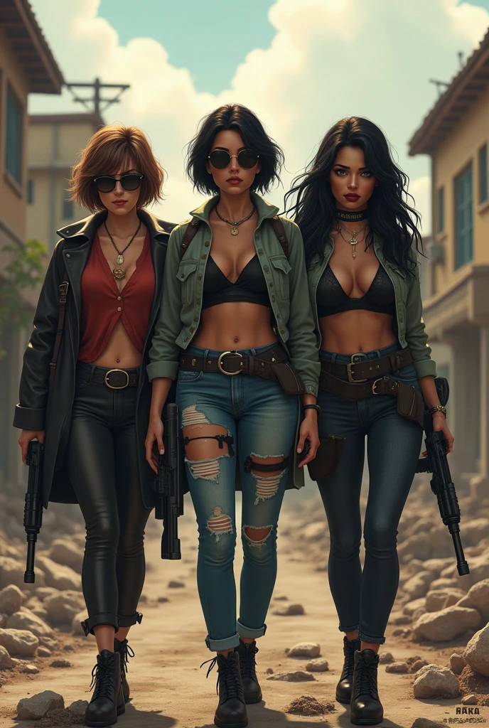 3 bestie girls name Far (short brown hair,big lips) Adam (middle black hair) , Kaka ( long hair,latina makeup) .  with baddie outfit and each of them got different gun. Survive from zombie apocalypse 