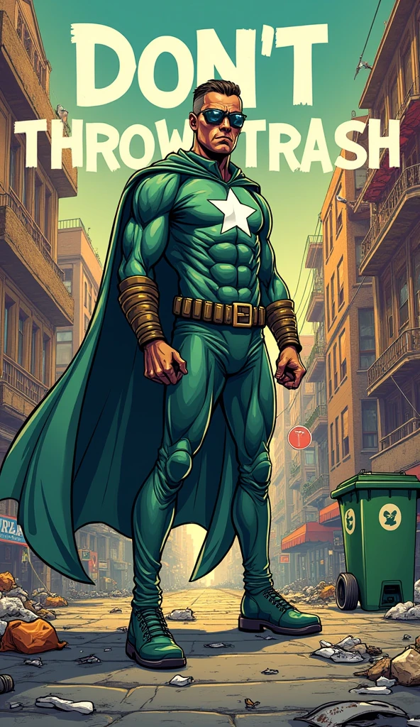Create a comic book cover on which the following words appear:: Don't throw trash