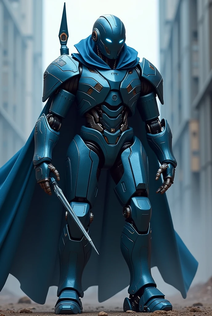 modern dark blue, steel armor suit, robot body, robot face, blue cloak, dark blue robot spear, blue eyes.