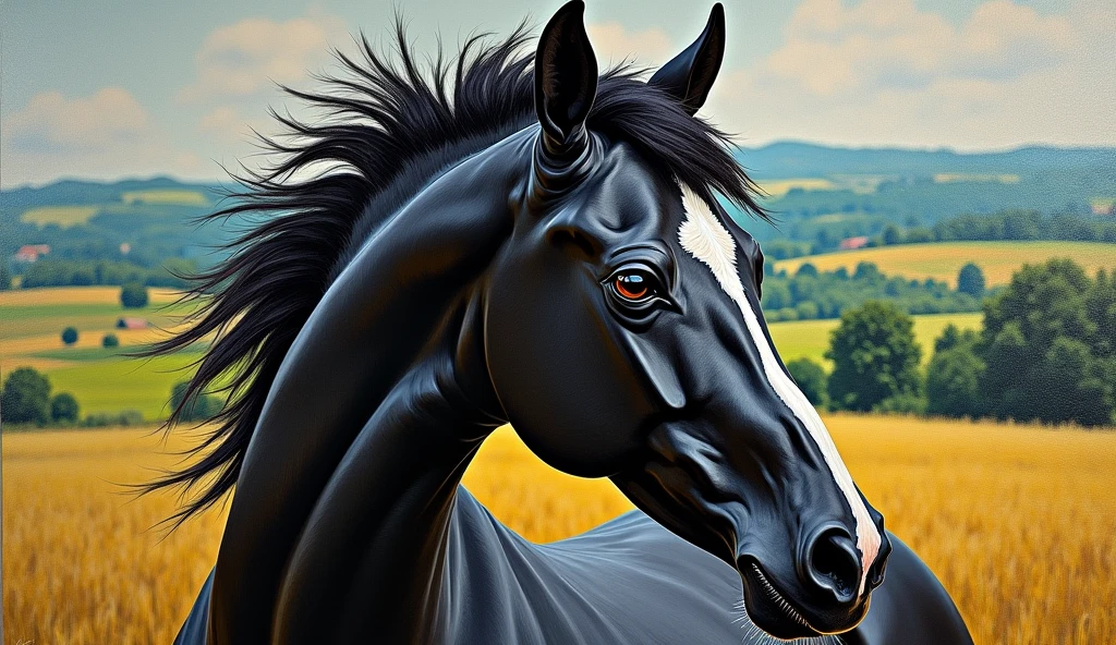 Create random classic masterpieces of Picasso in Ultra-High Definition, 64k resolution oil painting without a frame, using full dimensions of the selected resolution to fit the artwork image, finely detailed to perfection, art-punk, French style, countryside background, art germ, high-octane. A portrait of a young untamed beautiful aggressive black horse, an exact copy of the legendary Black Beauty film horse, an unreal engine, a master stroke of a legendary brush, a tribute to a legendary artist, super realistic, superhit, 