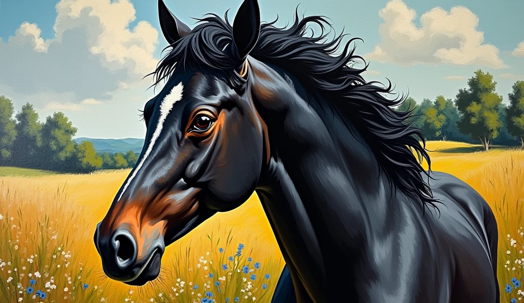 Create random classic masterpieces of Picasso in Ultra-High Definition, 64k resolution oil painting without a frame, using full dimensions of the selected resolution to fit the artwork image, finely detailed to perfection, art-punk, French style, countryside background, art germ, high-octane. A portrait of a young untamed beautiful aggressive black horse, an exact copy of the legendary Black Beauty film horse, an unreal engine, a master stroke of a legendary brush, a tribute to a legendary artist, super realistic, superhit, 