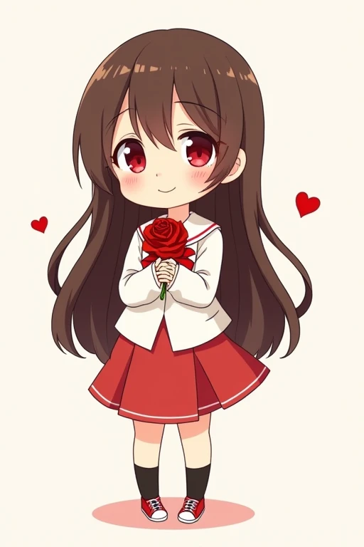 A cute anime girl with long brown hair, red eyes, wearing a simple white dress shirt with a red handkerchief-shaped ribbon, a simple red skirt, black socks, and red shoes with white areas is smiling gently and holding a single red rose in both arms, this is a deformed illustration with a thick outline.