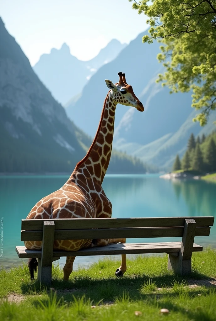 araffe sitting on a Bench overlooking a lake and mountains, sitting in front of the lake, sit on a Bench, sitting on a Bench, A beautiful place, sitting on Bench, Looking at the water, picture, Switzerland 알프스에서, Switzerland, sitting alone, Nico Henry(Niko Henrichon), Next to the park and lake, beautiful view, Bench, (best quality,4K,8k,highres,masterpiece:1.2),ultra-detailed,(realistic,photorealistic,photo-realistic:1.37)