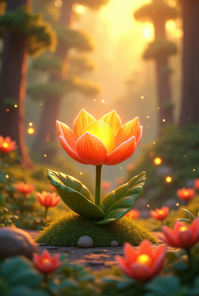 There, they found the magical flower blooming, surrounded by a golden light Vibrant, 3d pixer cartoon 