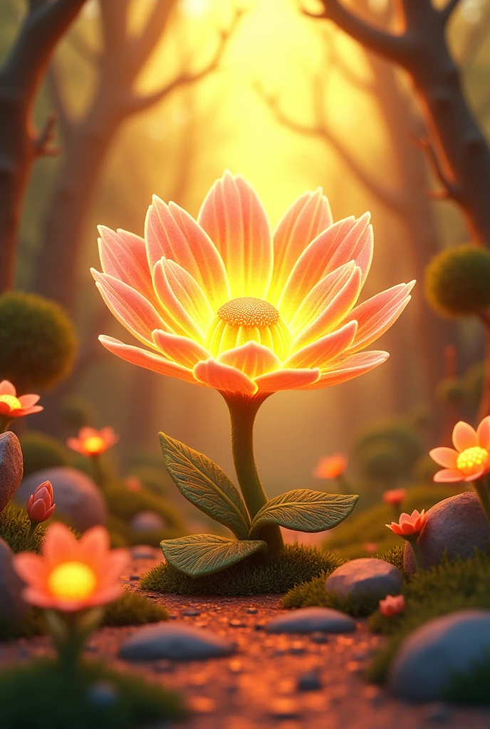 There, they found the magical flower blooming, surrounded by a golden light Vibrant, 3d pixer cartoon