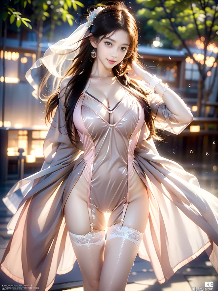 A female model, (Race:Chinese),((night, bamboo forest, Fall, hot spring)), (8K Ultra HD, 8K, Ultra-high resolution, best quality, masterpiece, Surrealism, Digital SLR Camera, Soft Light, Bokeh, Masterpieces), ((((Beautiful model-like face))), (Creating the image of a real girl), warm light, Realistic shadows, Dynamic poses, Elegant Posture, Cowboy lens, Full body front view, Be confident, Body facing the camera, Standing facing the camera, Open your legs slightly, Golden Ratio Graphics, Minimalism), (Happy smile, Big watery eyes, Cherry Blossom, Balanced Eyes, Perfect beautiful face, Normal facial features, Realistic skin, Attention to skin details, Skin is clean and radiant, Whitening, Anatomically correct body, 沙漏型figure, figure, cosmetic, Gloves, earrings, bracelet, necklace, Jewelry, veil, Hair accessories, Headdress, shawl), ((beautiful hair), Reddish-brown hair, Wavy curly hairstyle, Waist-length hair, Messy Hairstyle, Gradient hairstyles, Cyberpunk hairstyle), ((Transparent clothes：1.5), (Color of clothes: Pink orange background), Transparent Clothes, See-through clothes, Transparent Clothes, Tulle clothes, Mesh clothes, Transparent sci-fi clothes, Shiny micro bikini bra, (Clothes that accentuate your bust shape)), (Sexy的, Perfect breast shape, Teardrop chest shape, Snow-white breasts, very detailed breasts, 36C cups), (Super high waist, Deep V, Low-cut, Sexy, Flattering, Open crotch, (Camel toe, High fork strangulation)), (sock, Knee socks, 吊garter, Leg ring, garter, 腿部garter), (style:Sexy,Mature), (Wet body:1.0) , (Wet clothes:1.0)