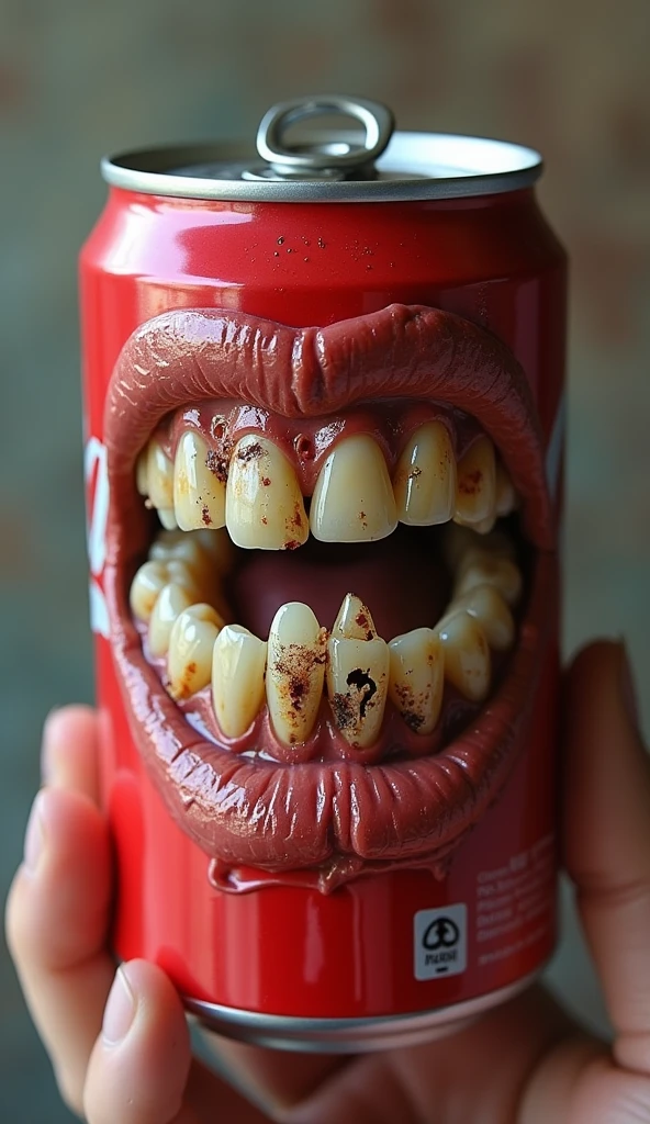 A close-up of teeth with visible damage and cavities, holding a can of Coca-Cola."
